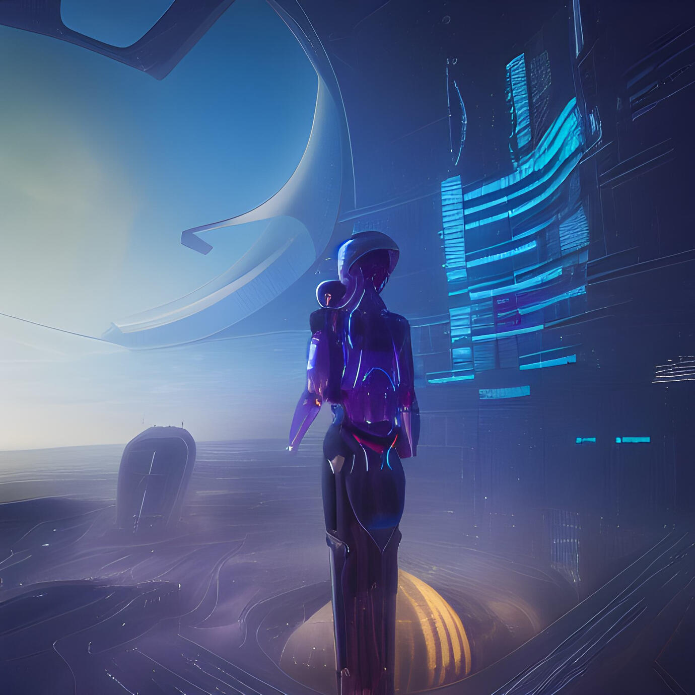 future city w/large sculpture