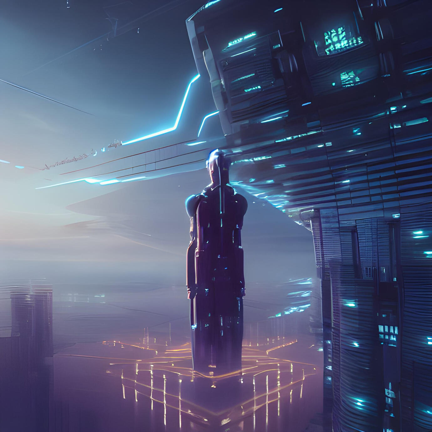 future city w/large sculpture