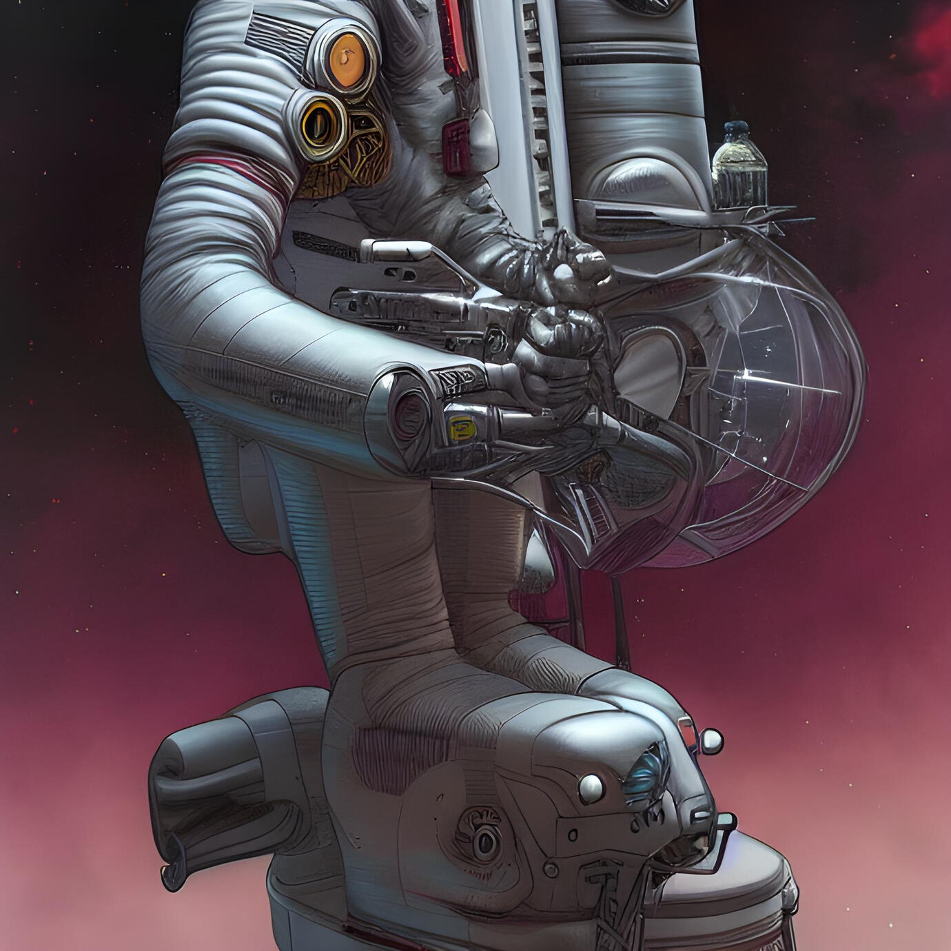 cyberpunk astronaout riding motorcycle