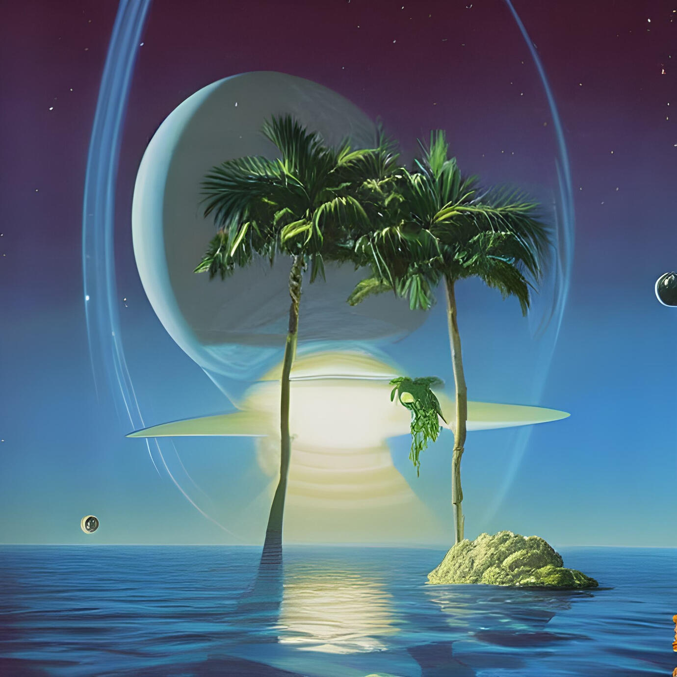 future island palm tree with saturn